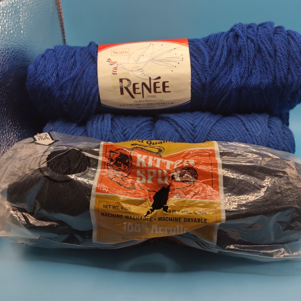 Vintage Yarn Lot Sears Renée Navy Blue + Kitten Soft Black Acrylic 4 oz Skeins